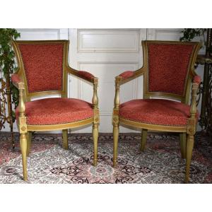 Paire De Fauteuils De Style Directoire En Bois Laqué Vert Amande Et  Rechampi  Fin Du XIXème , 