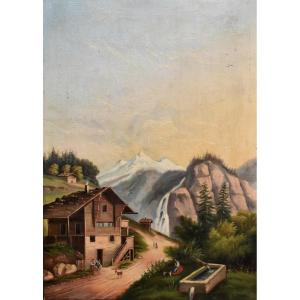 Large Painting, Animated Mountain Landscape, Shepherdess Chalet And Her Flock, Scene Of Life.