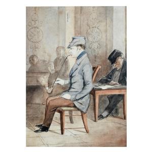 Watercolor, Pipe Smoker, Animated Cafe Scene, Quality Man Smoking A Pipe