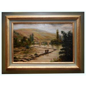 Lf Lamy, Late 19th Century, Mountain Landscape, River, Bridges And Lock In A Valley. Painting 1899.