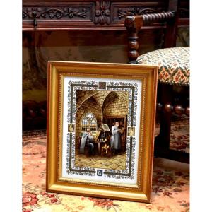 Pierre Hugo, Hand Painted Porcelain Plate, Scriptorium, Monks, Middle Ages, Illumination