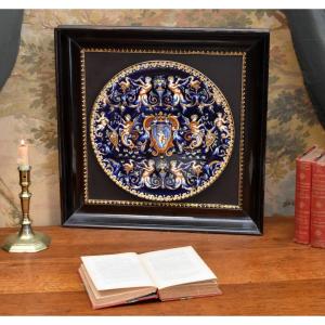  Large Decorative Dish In Gien Earthenware Italian Renaissance Model, Blackened Wooden Frame;