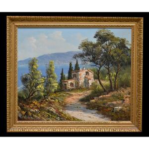 Mediterranean Landscape Painting, Seaside, Oil On Canvas Framed