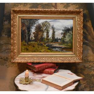 Country Landscape, Painting With River, Undergrowth And Mill, Worked Golden Stucco Frame