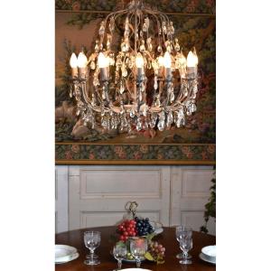 Important Cage Chandelier With Tassels In The Style Of Maison Bagués, 12 Light Arms, Grey