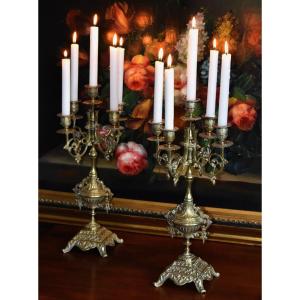 Pair Of Large Bronze Candelabra, Neo-gothic 5-arm Candlesticks, Niii