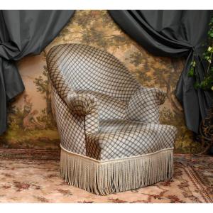 Napoleon III Style Toad Armchair Covered In Velvet Fabric And Twisted Fringes