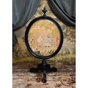 Napoleon III Period Medallion Shaped Pivoting Fireplace Screen, Oval Fire Screen, 19th Century
