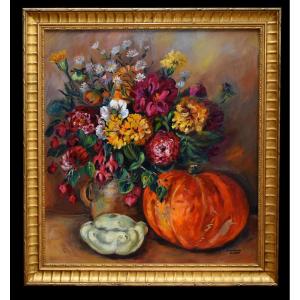 Painting Entitled "still Life With Pumpkin And Flowers" By S. Clavaud-robert, Golden Frame