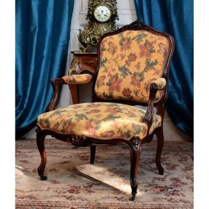 Louis XV Style Queen's Back Armchair, Rosewood From The Napoleon III Period, Recent Upholstery