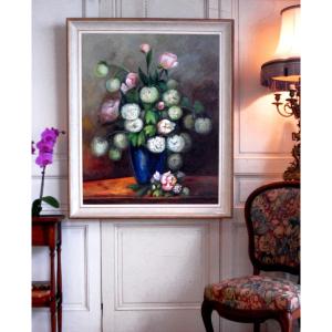 S.clavaud, Important Painting Bouquet Of Flowers, Still Life Peonies And "snowballs" 