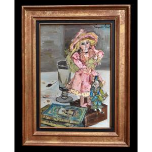  Painting With Doll "the Broken Harlequin", By Françoise Adnet, Daughter Of The Designer Jacques Adnet