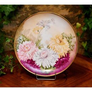 Decorative Dish In Limoges Porcelain, Entirely Hand Painted, Floral Decor, Signed Malavaud N2