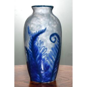 Camille Tharaud Limoges, Large Enameled Porcelain Vase With Blue Fern Decor, 1930