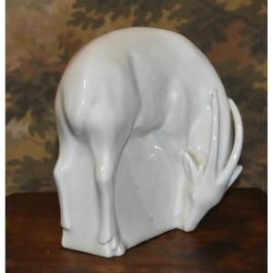 Limoges Cream Enameled Porcelain Subject, Antelope 