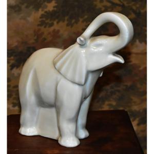 Elephant Subject In Limoges Enameled Porcelain, Cream Color