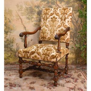 Large Louis XIII - Louis XIV Style Armchair, Wide And High Back, Embossed Velvet Fabric