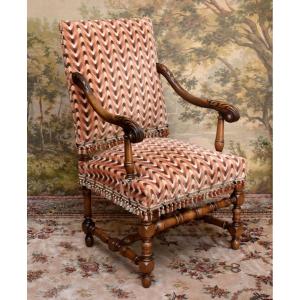 Large Louis XIII - Louis XIV Style Armchair, Wide And High Back, Herringbone Pattern Fabric