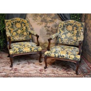 Pair Of Important Armchairs With Large, High, Flat Backs In The Regency Style, Late 19th Century