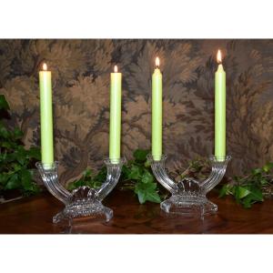 Pair Of Crystal Candlesticks With Two Arms.