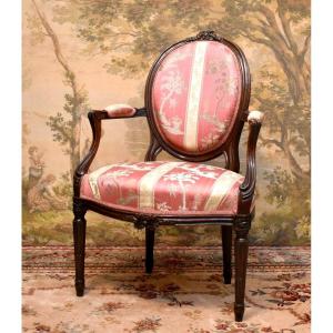 Louis XVI Period Armchair With Medallion Back, Redone Upholstery, 18th Century
