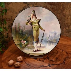 E. Faux, 1889, Large Decorative Dish In Hand-painted Earthenware, Man In Early 19th Century Clothing