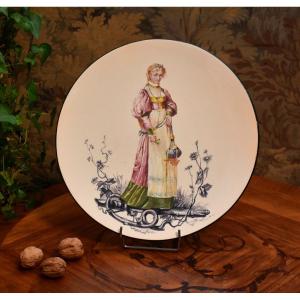 E. Faux, 1889, Large Decorative Dish In Hand-painted Earthenware, Woman In Early 19th Century Clothing