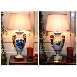 Caffy, Important Limoges Porcelain Lamp, Shades Of Blue, Hand Painted Floral Decor, Gold