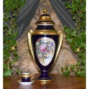 Large Limoges Porcelain Vase, In Oven Blue And Double Gold Inlay, Hand Painted
