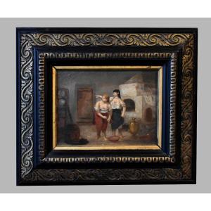 Interior Scene Painting On Cardboard Panel, Napoleon III Frame, 2 Figures, Two Women
