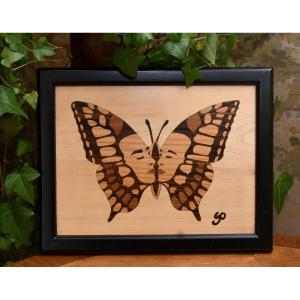 Marquetry Painting Of Various Woods, Butterflies And Human Faces