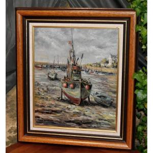 René Cabrol Limoges, Marine Painting Small Fishing Boats At Low Tide In A Small Port