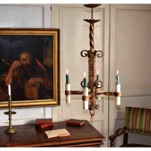 Wrought Iron Chandelier, For Lighting Four Candles, Haute Epoque Style, Louis XIII, Medieval