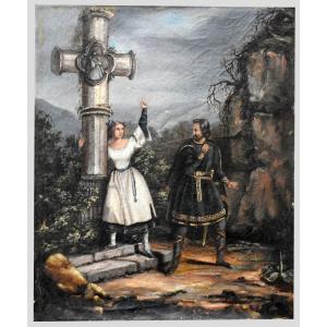 Painting Alice And Bertram In Front Of A Calvary Cross, Scene From The Opera Robert Le Diable
