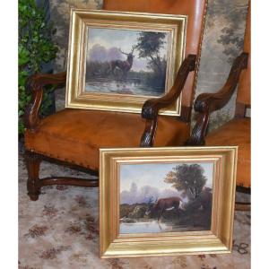 Pair Of Paintings, Deer Drinking In A Pond, Framed Landscapes, 
