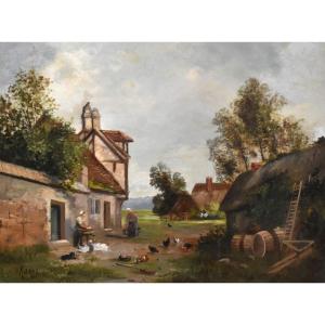 Karel. Painting Animated Scene Of Farmyard, Farmyard, Poultry And People, Countryside.