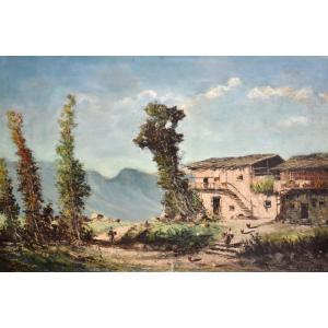 Percivaldi Ettoré, Large Painting Of An Animated Scene, Farmyard Against A Mountain Background