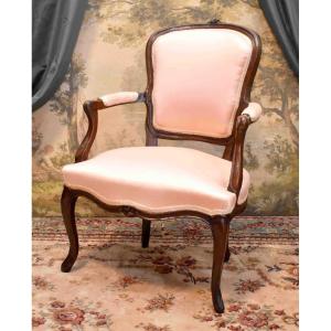 Louis XV Cabriolet Armchair, 18th Century Seat With Medallion Backrest, Old Rose Fabric