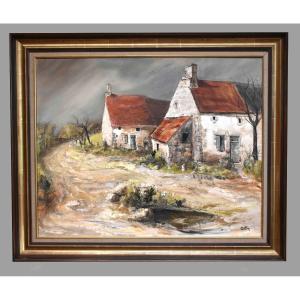 Caffin, Countryside Landscape, Small Farm And Barn, Path In Front Of Old Thatched Cottage.