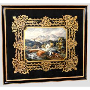 Important Napoleon III Engraving Enhanced In Color By Hand, Pastoral Scene, 19th Century