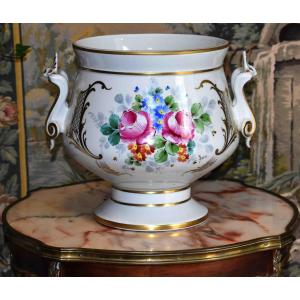  Large Cache Pot Vase, Hand-painted Centerpiece, Limoges Porcelain Bowl With Rose Decoration 
