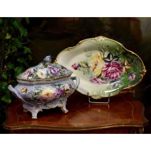Caffy, Small Soup Tureen, Vegetable Dish In Limoges Porcelain With Hand-painted Rose Decoration.