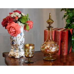 Yellow Glass Night Service Including 1 Carafe And Its Glass With Enamelled Floral Decoration