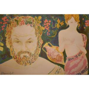 Alain Bonnefoit, Color Lithograph, Vellum Paper, Bacchus And Venus, Female Nude