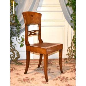 Biedermeier Style Chair, Banded Back, Caned Seat, Solid Fruit Wood And Veneer
