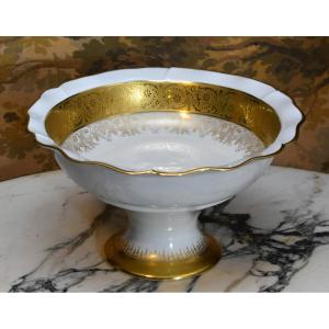 Limoges Porcelain Footed Bowl, Malevergne Workshop Centerpiece, Gold Inlay