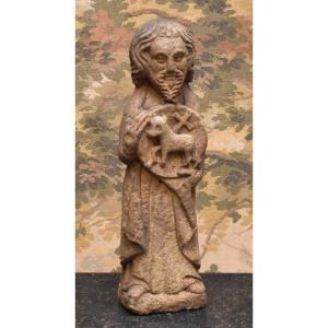 Carved Stone Statue, Sculpture Representing Saint John The Baptist With The Lamb And The Cross