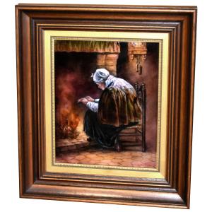 Enamel On Copper Plate By Granger In Limoges, Old Woman In Front Of A Fireplace