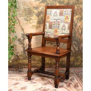 Armchair, Renaissance - Louis XIII Style Arm Chair, Wooden Seat, High Flat Back.