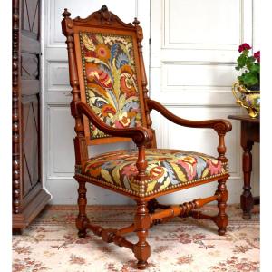 Large Renaissance Style Walnut Armchair, 19th Century Ceremonial Seat With Small Dots Fabric